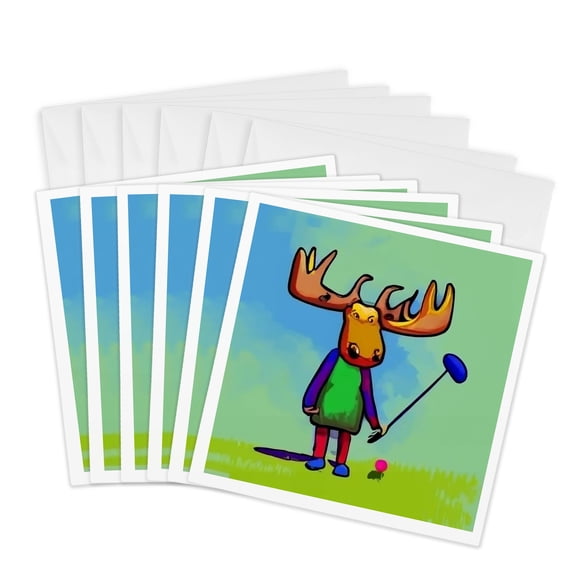 3drose, Cute Funny Moose Playing Golf Golfers Sports Golfing Cubism Style, 6 Greeting Cards with Envelopes