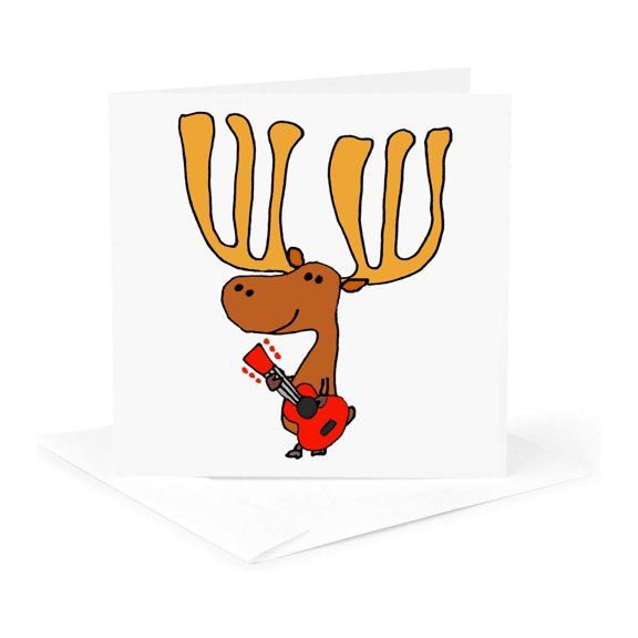 3drose, Cute Funny Moose Playing Guitar Cartoon, 1 Greeting Card with Envelope