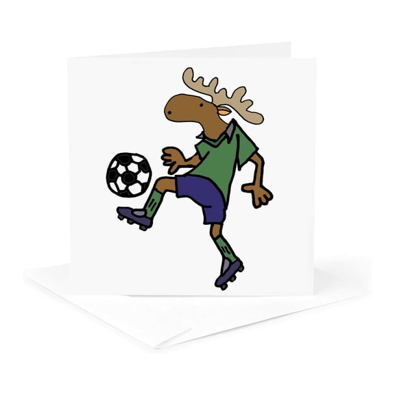 3drose, Cute Funny Moose Playing Soccer Action Cartoon, 1 Greeting Card with Envelope