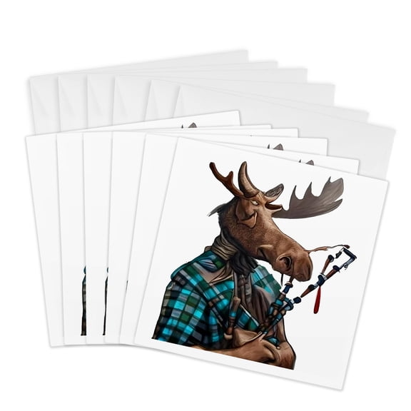 3drose, Cute Funny Moose Playing the Bagpipes Music Cubism Satire, 6 Greeting Cards with Envelopes