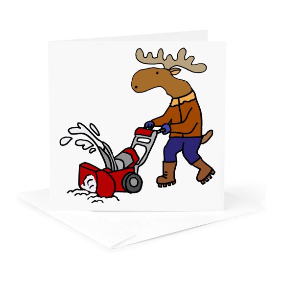 3drose, Cute Funny Moose Using Snow Blower Cartoon, 1 Greeting Card with Envelope