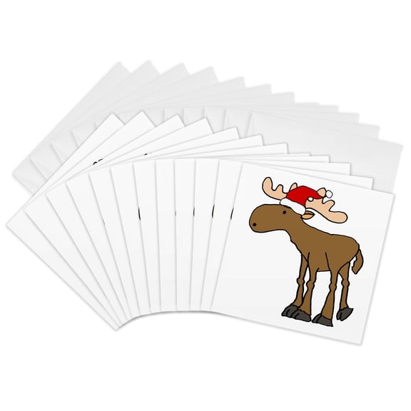 3drose, Cute Funny Moose in Santa Hat Christmas Cartoon, 12 Greeting Cards with Envelopes