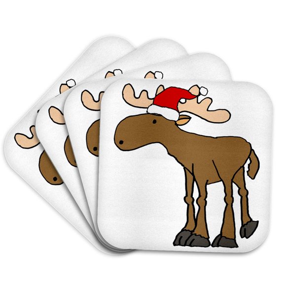 3drose, Cute Funny Moose in Santa Hat Christmas Cartoon, Set of 4 Coasters - Soft