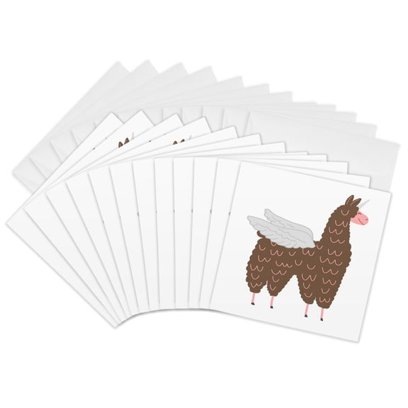 3drose, Cute Funny Original Brown and Pink Flying Llamacorn Cartoon, 12 Greeting Cards with Envelopes