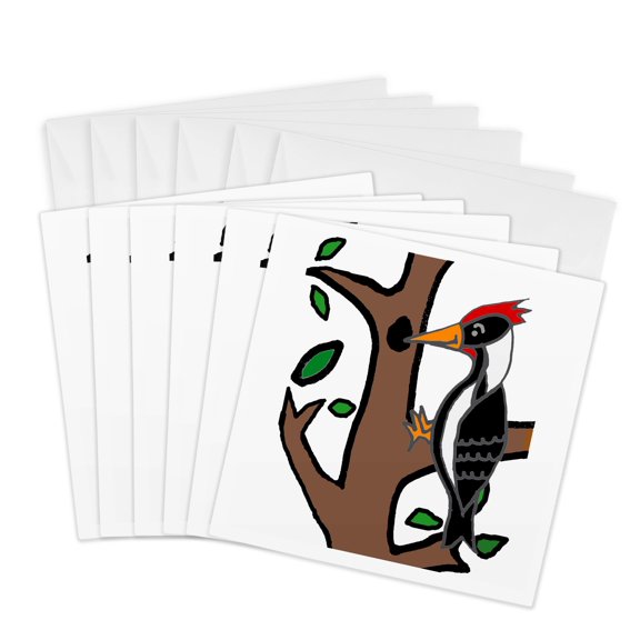 3drose, Cute Funny Pileated Woodpecker Bird on Tree Nature Cartoon, 6 Greeting Cards with Envelopes
