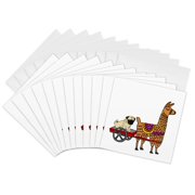 3drose, Cute Funny Pug in Red Wagon Pulled by Llama Cartoon, 12 Greeting Cards with Envelopes