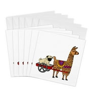 3drose, Cute Funny Pug in Red Wagon Pulled by Llama Cartoon, 6 Greeting Cards with Envelopes