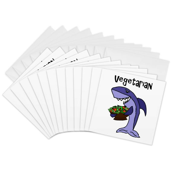 3drose, Cute Funny Shark Vegetarian Eating Garden Salad Cartoon, 12 Greeting Cards with Envelopes