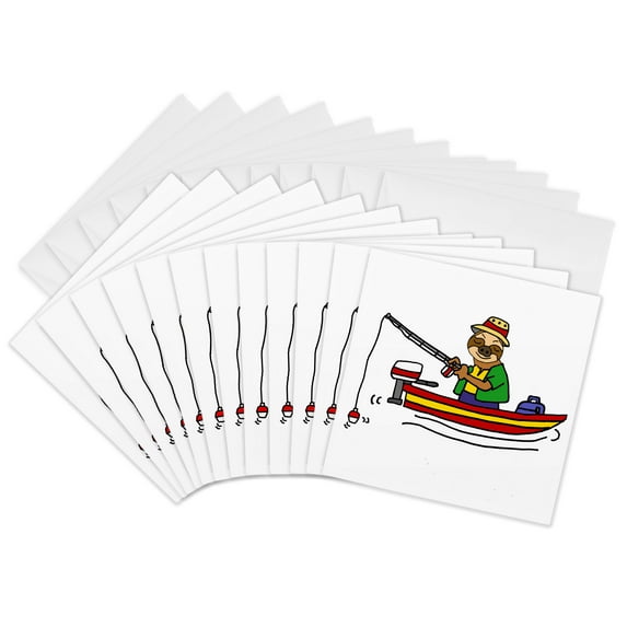 3drose, Cute Funny Sloth Fishing in Fishing Boat Cartoon, 12 Greeting Cards with Envelopes
