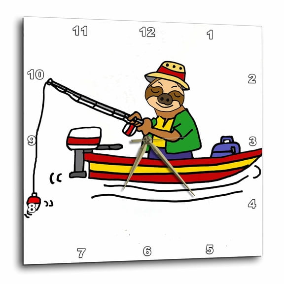 3drose, Cute Funny Sloth Fishing in Fishing Boat Cartoon, 15x15 Wall Clock