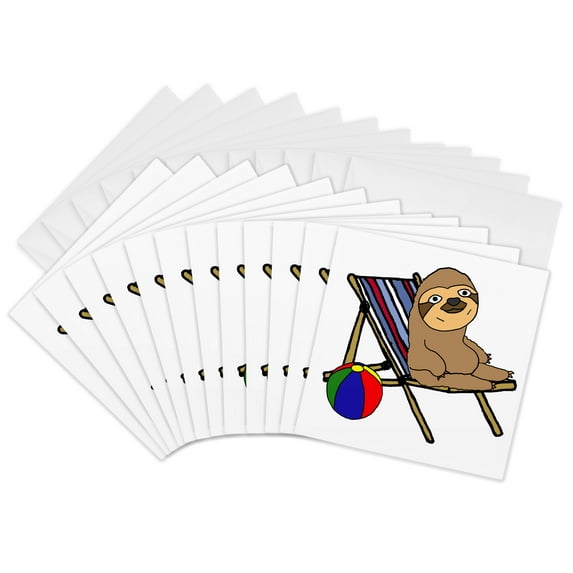 3drose, Cute Funny Sloth Sitting in Beach Chair with Beach Ball, 12 Greeting Cards with Envelopes