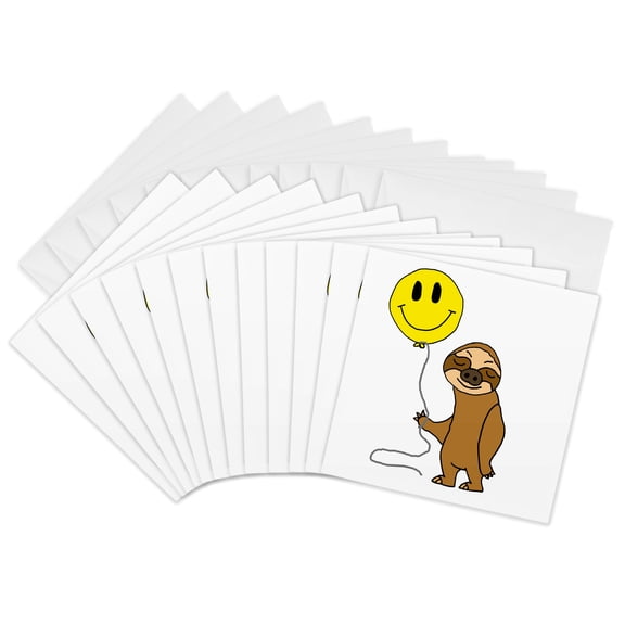 3drose, Cute Funny Sloth with Smiling Face Balloon Cartoon, 12 Greeting Cards with Envelopes