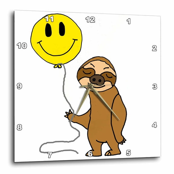 3drose, Cute Funny Sloth with Smiling Face Balloon Cartoon, 13x13 Wall Clock