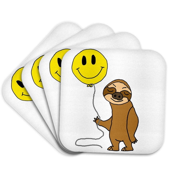 3drose, Cute Funny Sloth with Smiling Face Balloon Cartoon, Set of 4 Coasters - Soft