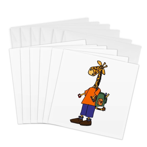 3drose, Cute Funny Unique Giraffe with Backpack Back to School, 6 Greeting Cards with Envelopes