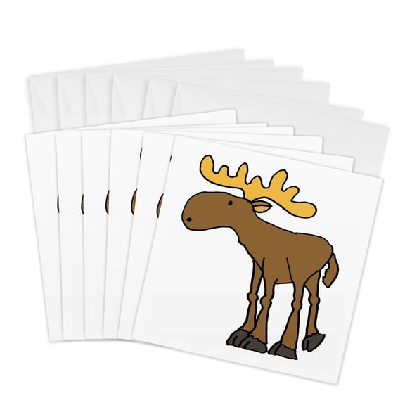 3drose, Cute Funny Unique Moose in Nature Cartoon, 6 Greeting Cards with Envelopes
