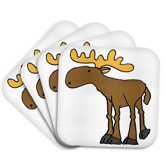 3drose, Cute Funny Unique Moose in Nature Cartoon, Set of 4 Coasters - Soft