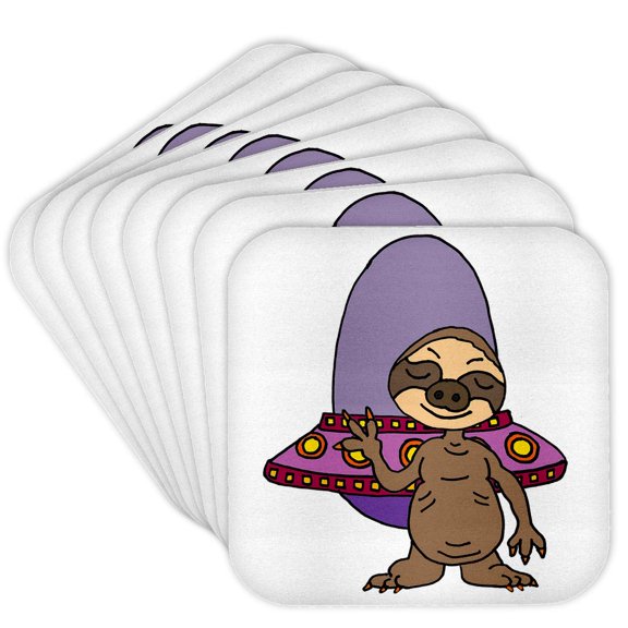 3drose, Cute Funny Unique Sloth Et Alien and Spaceship Cartoon, Set of 8 Coasters - Soft