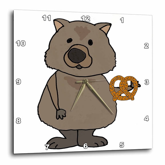 3drose, Cute Funny Wombat Eating Pretzel Cartoon, 15x15 Wall Clock