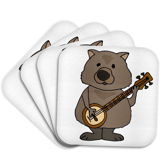 3drose, Cute Funny Wombat Playing Banjo Music Cartoon, Set of 4 Coasters - Cork