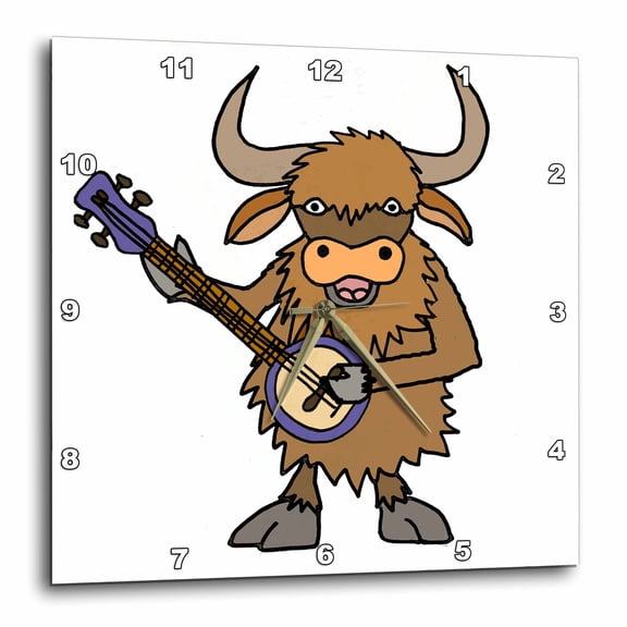 3drose, Cute Funny Yak Playing Banjo Music Cartoon, 10x10 Wall Clock