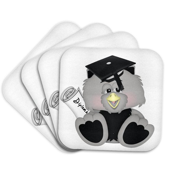 3drose, Cute Graduation Owl with Diploma Illustration, Set of 4 Coasters - Cork