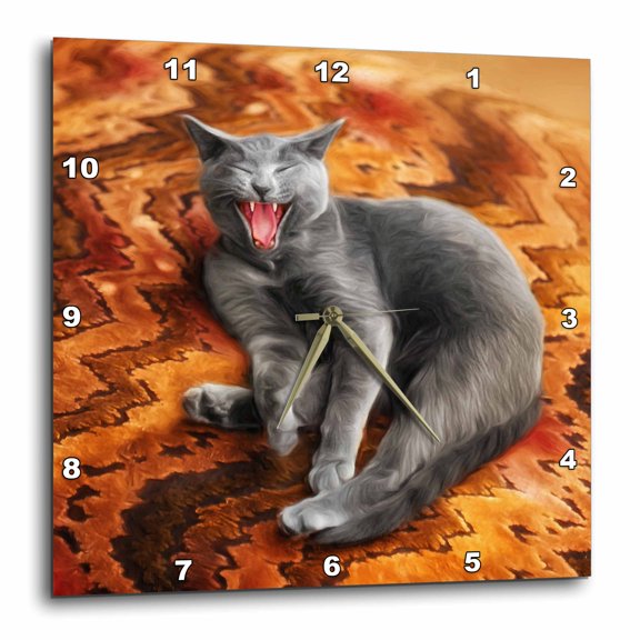 3drose, Cute Gray Cat Yawning or Screaming on a Big Orange Print Pillow, 15x15 Wall Clock