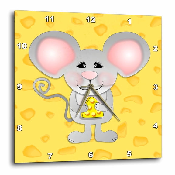3drose, Cute Gray Mouse Holding Cheese on Cheese Background Animal Cartoon, 13x13 Wall Clock