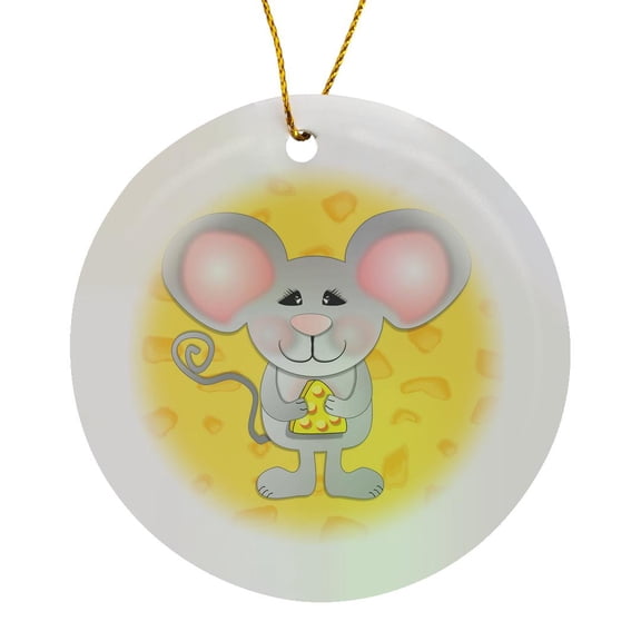 3drose, Cute Gray Mouse Holding Cheese on Cheese Background Animal Cartoon, Circle Porcelain Ornament