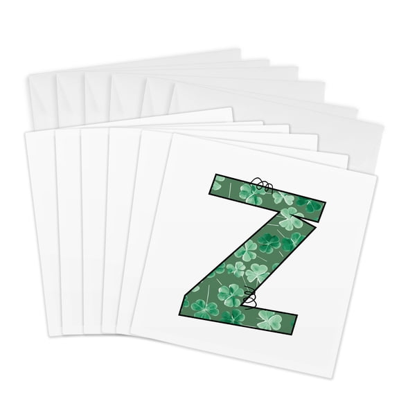 3drose, Cute Green Four Leaf Clover Curly Cue Monogram Initial Z, 6 Greeting Cards with Envelopes