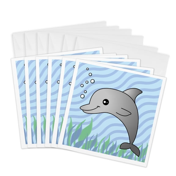 3drose, Cute Grey Dolphin Blue Ocean, 6 Greeting Cards with Envelopes