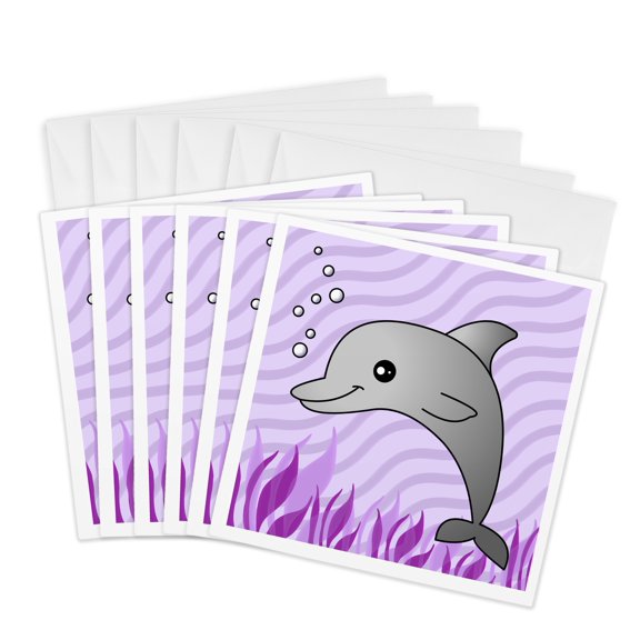 3drose, Cute Grey Dolphin Purple Ocean, 6 Greeting Cards with Envelopes