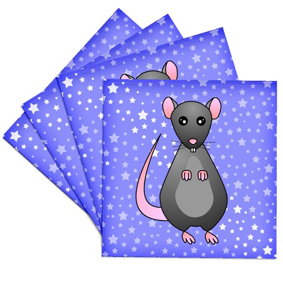 3drose, Cute Grey Rat Blue Star Background, Set of 4 Ceramic Tile Coasters