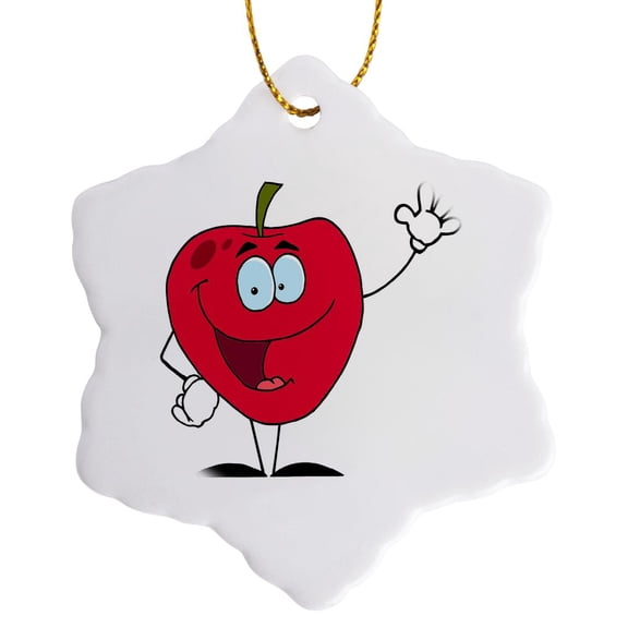3drose, Cute Happy Cartoon Red Apple Character, 3 inch Snowflake Porcelain Ornament