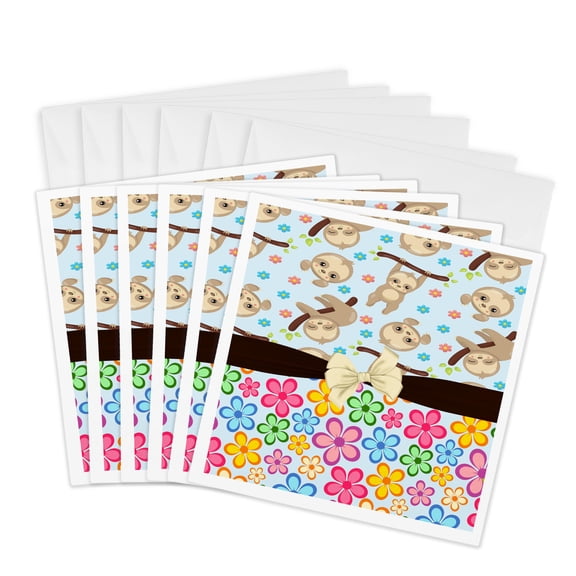 3drose, Cute Happy Hanging Sloths over Colorful Flowers with Digital Bow, 6 Greeting Cards with Envelopes