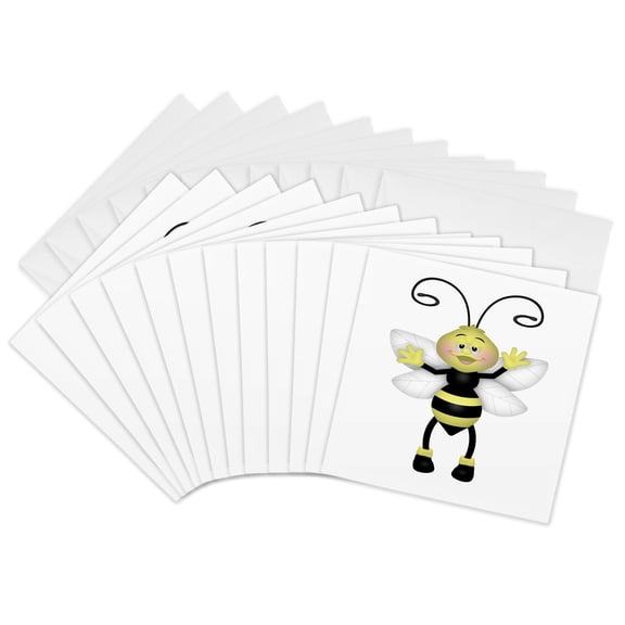 3drose, Cute Happy Yellow and Black Bee Illustration, 12 Greeting Cards with Envelopes