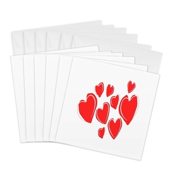 3drose, Cute Hearts Hand Drawn Deep Red Romantic Doodle, 6 Greeting Cards with Envelopes
