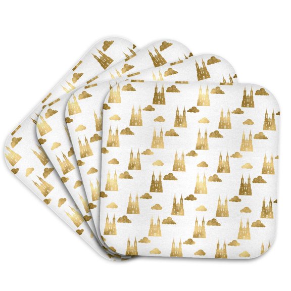 3drose, Cute Image of Gold Castles and Clouds Pattern, Set of 4 Coasters - Cork