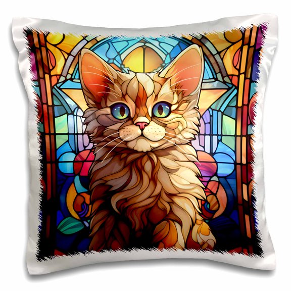3drose, Cute Image of Stained Glass Cat Background, 16x16 inch Pillow Case