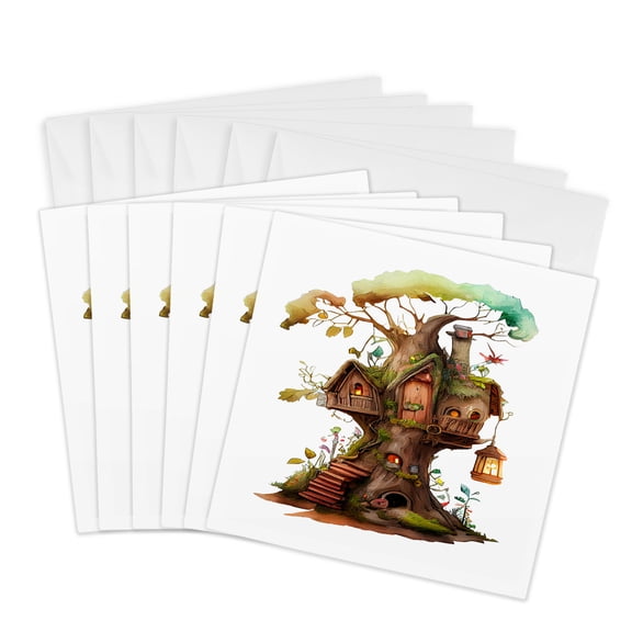 3drose, Cute Image of Watercolor Fairy Tree House Illustration, 6 Greeting Cards with Envelopes