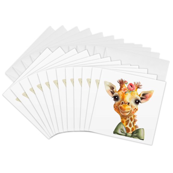 3drose, Cute Image of Watercolor Giraffe with Flowers and Bow Illustration, 12 Greeting Cards with Envelopes