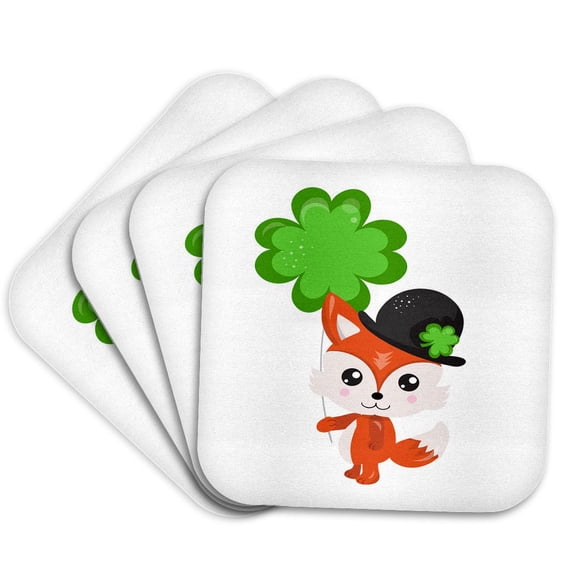3drose, Cute Irish Fox Holding a Four Leaf Clover Balloon Illustration, Set of 4 Coasters - Cork