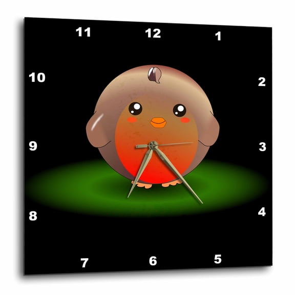 3drose, Cute Kawaii European Robin Red Breast Bird - Adorable Round Birdy Cartoon on Black Background, 10x10 Wall Clock