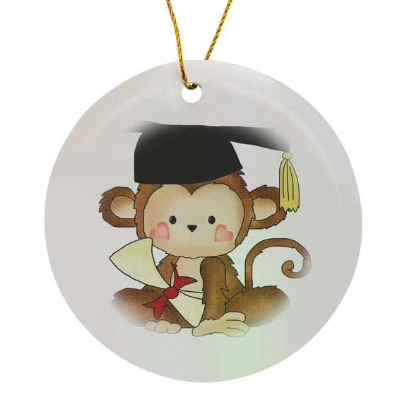 3drose, Cute Little Monkey Graduate with Cap and Diploma Graduation Celebration, Circle Porcelain Ornament