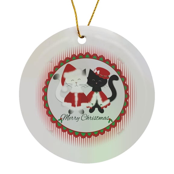 3drose, Cute Merry Christmas Red Striped Mr Mrs Santa Siamese and Black Cats, Circle Porcelain Ornament