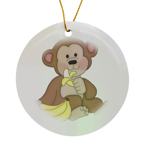 3drose, Cute Monkey with a Banana Illustration, Circle Porcelain Ornament