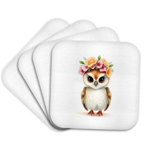 3drose, Cute Owl Bird Decorated with Colorful Flowers. Animals for Kids Art, Set of 4 Coasters - Soft