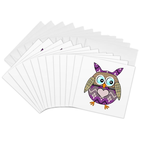 3drose, Cute Owl with Blue Eyes and Pink Heart, 12 Greeting Cards with Envelopes