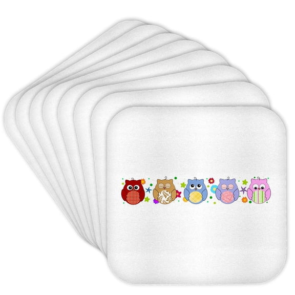 3drose, Cute Owls in a Row - Colorful Sweet Cartoon Owl Design - Girly Multicolor Birds and Flowers - Floral, Set of 8 Coasters - Soft
