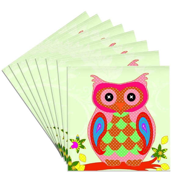 3drose, Cute Patchwork Pink Owl, Set of 8 Ceramic Tile Coasters